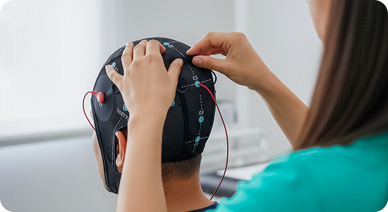 Paciente con gorro de neuroestimulación